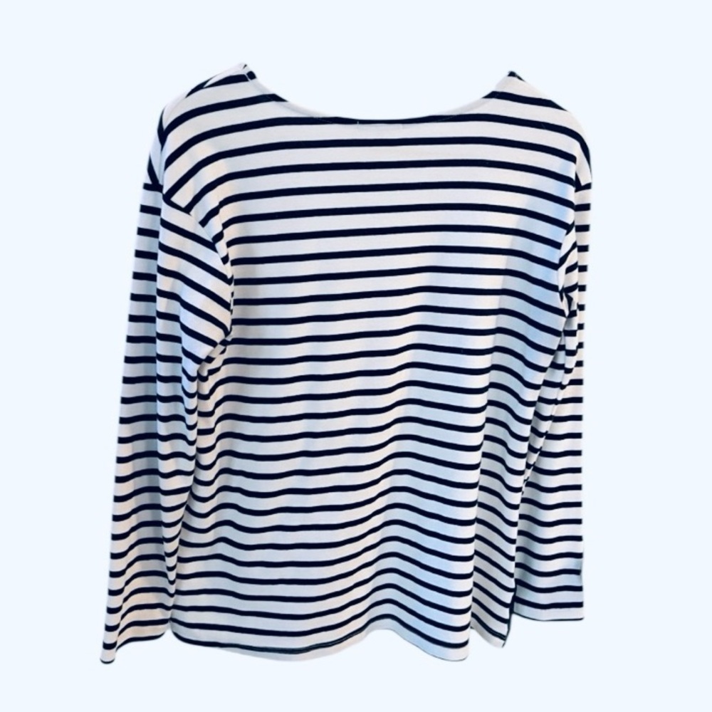 Pleione 90’s Y2K Women Stripe Long Sleeve Top with Lace Hem Navy Blue White Sz L - Picture 2 of 4